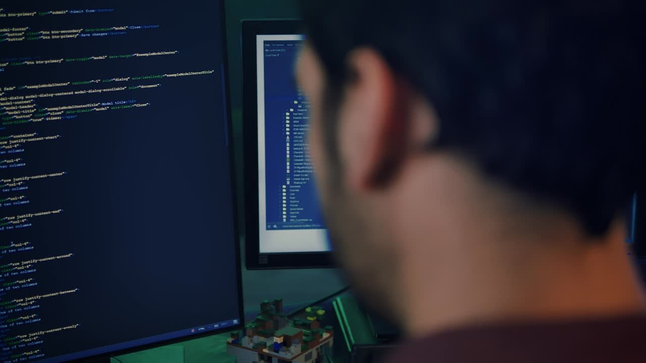 Un jeune développeur devant deux écrans affichant du code, dans une pièce sombre